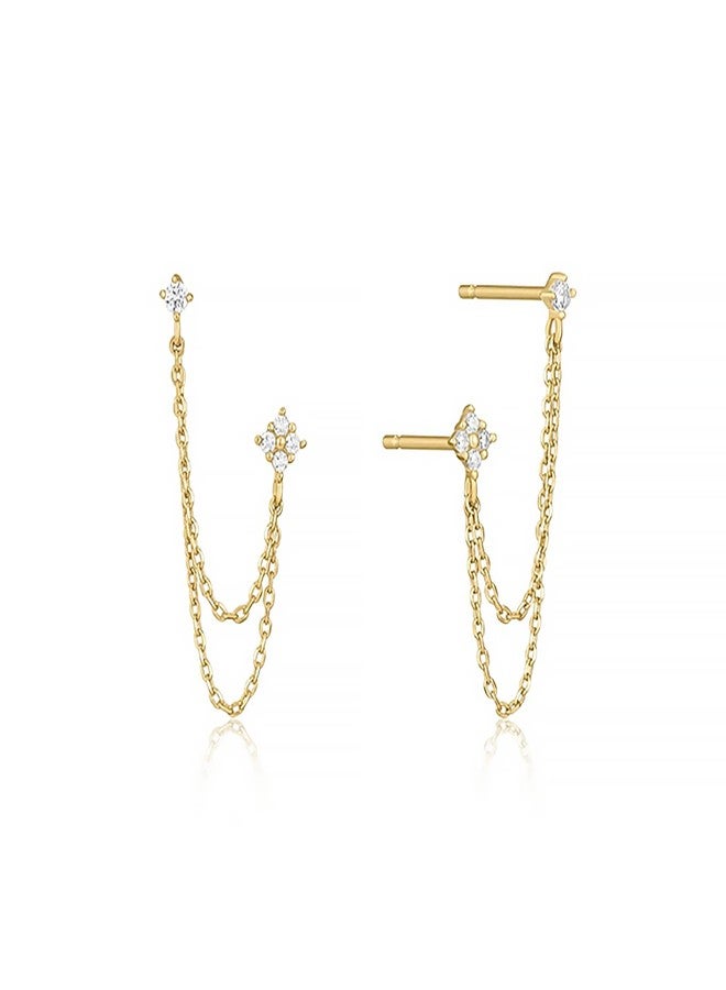 BUAEL 925 Sterling Silver Four Zircons Flower Stud Earrings For Women | Double Studs Chain Tassel Piercing Earring | Gold Plated Double Piercing Dangle Chain Earrings Jewelry Gifts for Women - Image 1